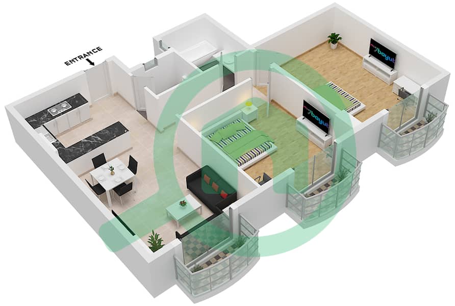 المخططات الطابقية لتصميم النموذج A6 شقة 2 غرفة نوم - جاتروفا Typical Floor interactive3D