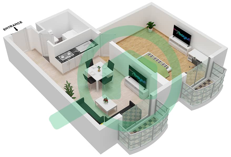 Ятрофа - Апартамент 1 Спальня планировка Тип B16 Typical Floor interactive3D