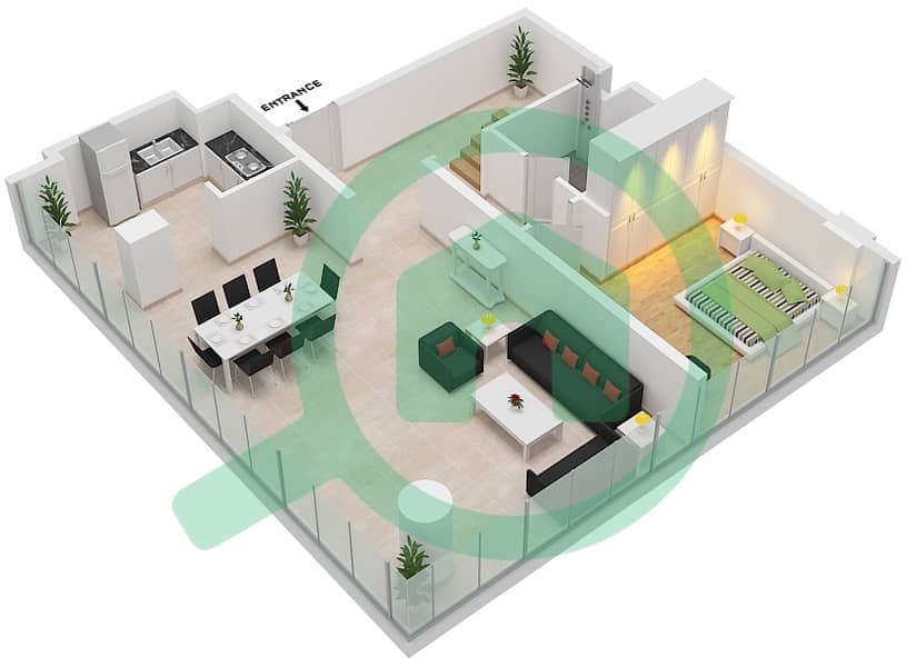 المخططات الطابقية لتصميم النموذج A1 شقة 3 غرف نوم - برج آد ون interactive3D