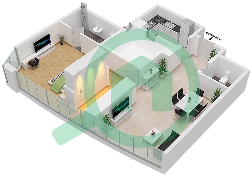 المخططات الطابقية لتصميم النموذج A شقة 1 غرفة نوم - برج آد ون interactive3D