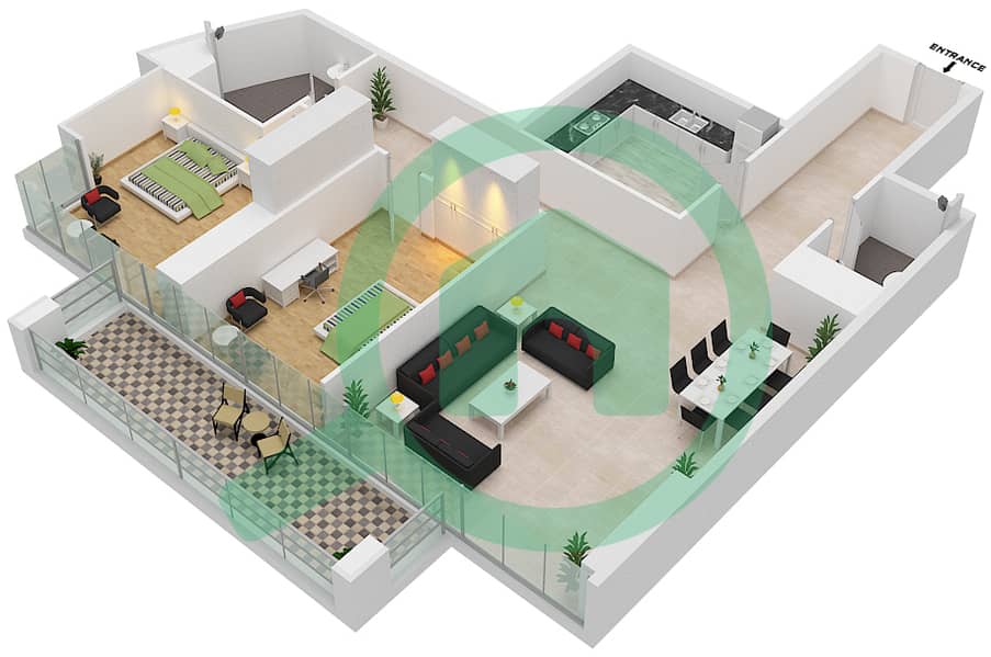المخططات الطابقية لتصميم النموذج A شقة 1 غرفة نوم - برج آد ون interactive3D