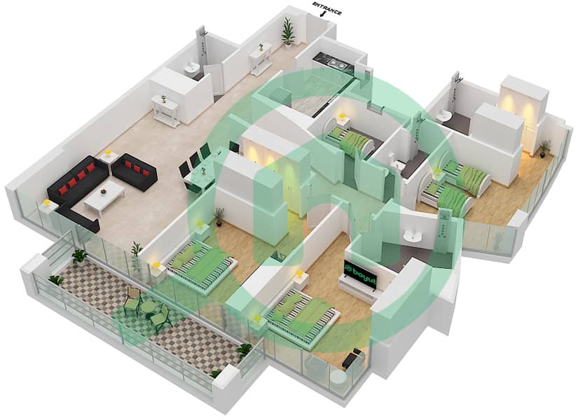 المخططات الطابقية لتصميم النموذج A شقة 3 غرف نوم - برج آد ون interactive3D