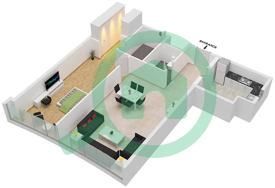 المخططات الطابقية لتصميم النموذج B شقة 1 غرفة نوم - برج آد ون interactive3D