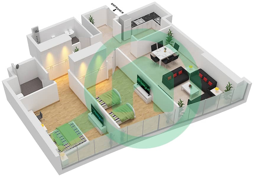 المخططات الطابقية لتصميم النموذج B شقة 2 غرفة نوم - برج آد ون interactive3D