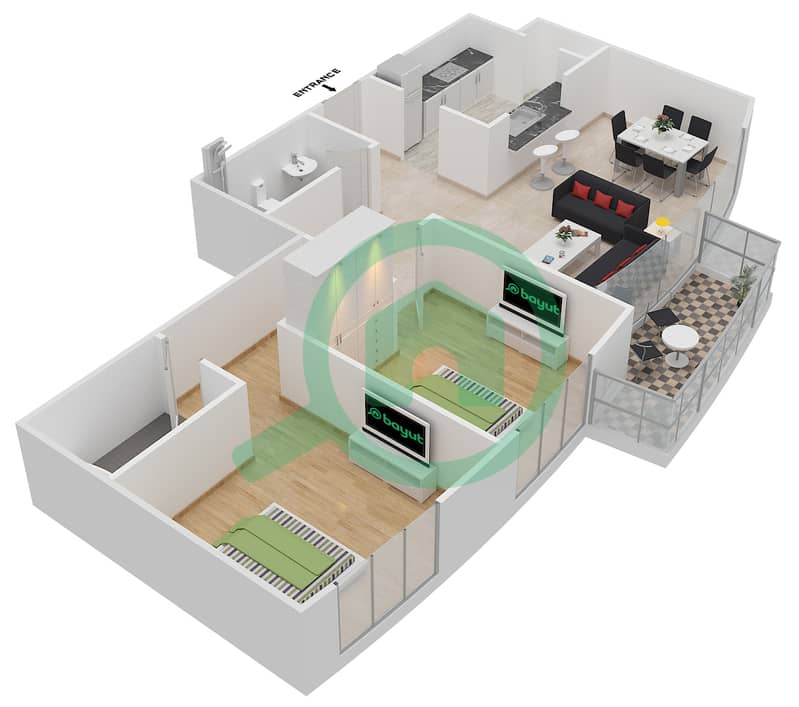 المخططات الطابقية لتصميم التصميم 3 FLOOR 2 شقة 2 غرفة نوم - ذا لوفتس إيست interactive3D