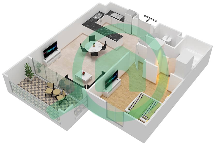المخططات الطابقية لتصميم النموذج A شقة 1 غرفة نوم - الأندلس interactive3D