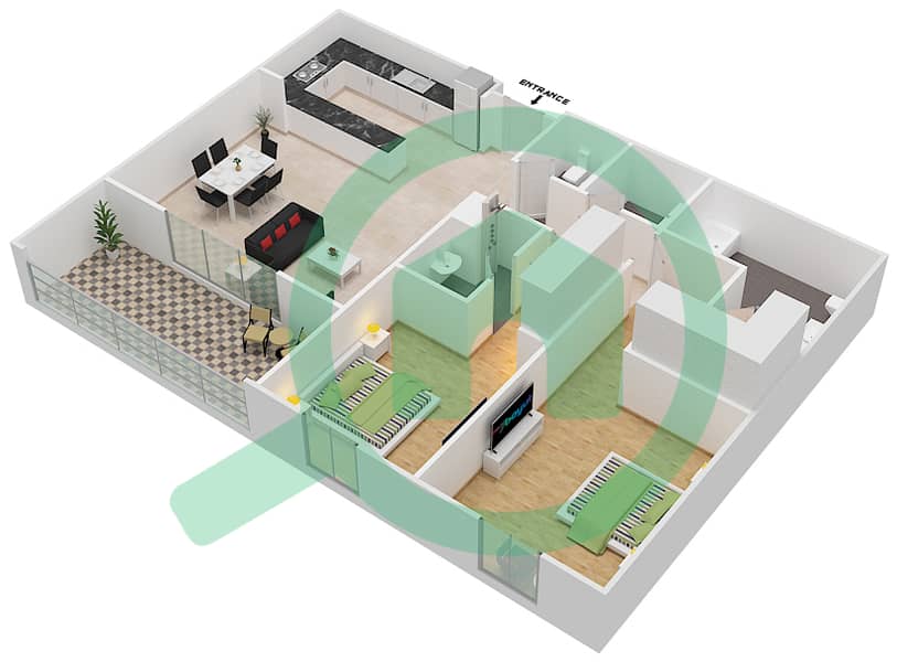 المخططات الطابقية لتصميم النموذج B شقة 2 غرفة نوم - الأندلس interactive3D