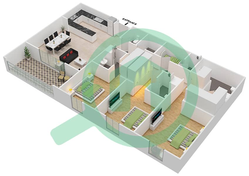 المخططات الطابقية لتصميم النموذج C شقة 3 غرف نوم - الأندلس interactive3D
