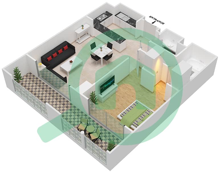 المخططات الطابقية لتصميم النموذج A1 شقة 1 غرفة نوم - الأندلس interactive3D