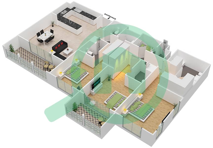 المخططات الطابقية لتصميم النموذج A شقة 3 غرف نوم - الأندلس interactive3D