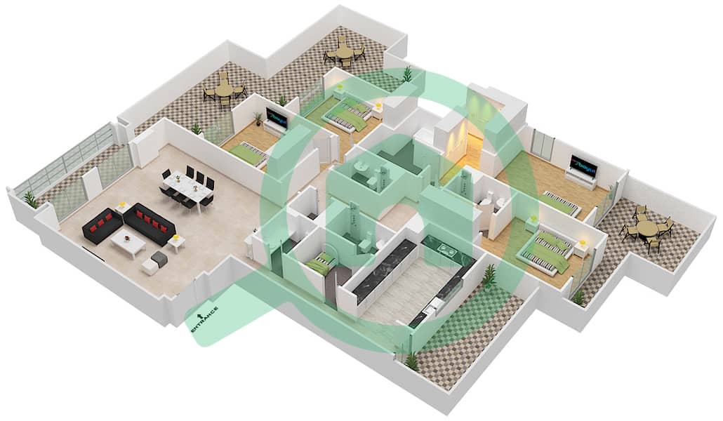 المخططات الطابقية لتصميم النموذج A شقة 4 غرف نوم - الأندلس interactive3D
