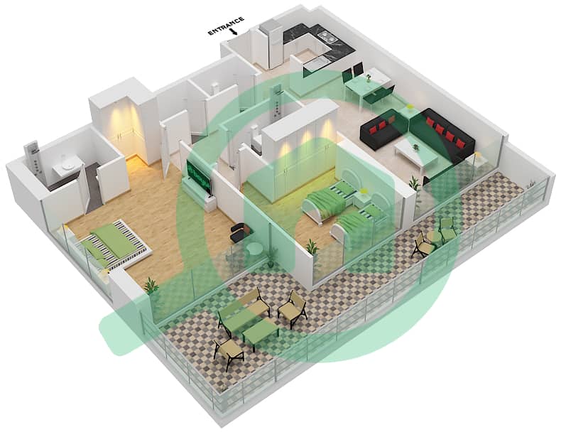المخططات الطابقية لتصميم النموذج A شقة 2 غرفة نوم - أرتيسيا B interactive3D