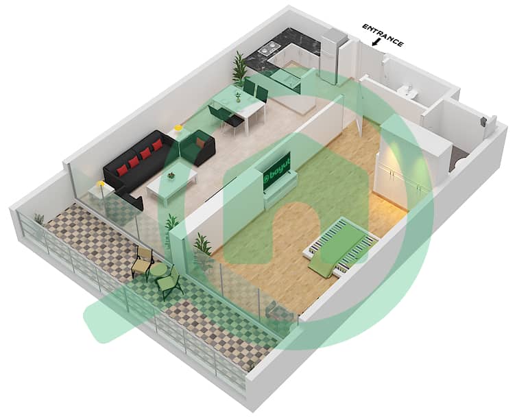 المخططات الطابقية لتصميم النموذج B شقة 1 غرفة نوم - أرتيسيا B interactive3D