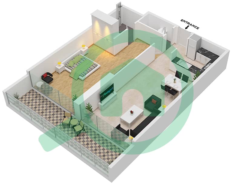 المخططات الطابقية لتصميم النموذج C شقة 1 غرفة نوم - أرتيسيا B interactive3D