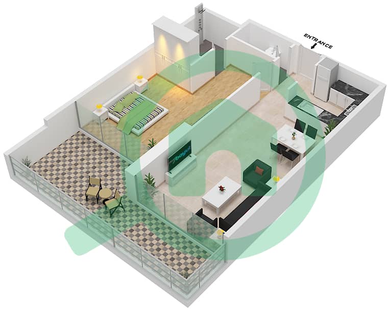المخططات الطابقية لتصميم النموذج D شقة 1 غرفة نوم - أرتيسيا B interactive3D