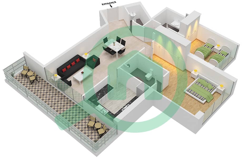 المخططات الطابقية لتصميم النموذج F شقة 2 غرفة نوم - أرتيسيا B interactive3D