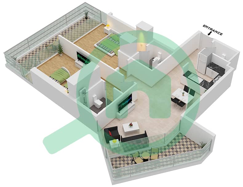المخططات الطابقية لتصميم النموذج G شقة 2 غرفة نوم - أرتيسيا B interactive3D