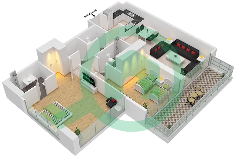 المخططات الطابقية لتصميم النموذج H شقة 2 غرفة نوم - أرتيسيا B interactive3D