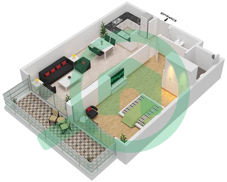المخططات الطابقية لتصميم النموذج I شقة 1 غرفة نوم - أرتيسيا B interactive3D