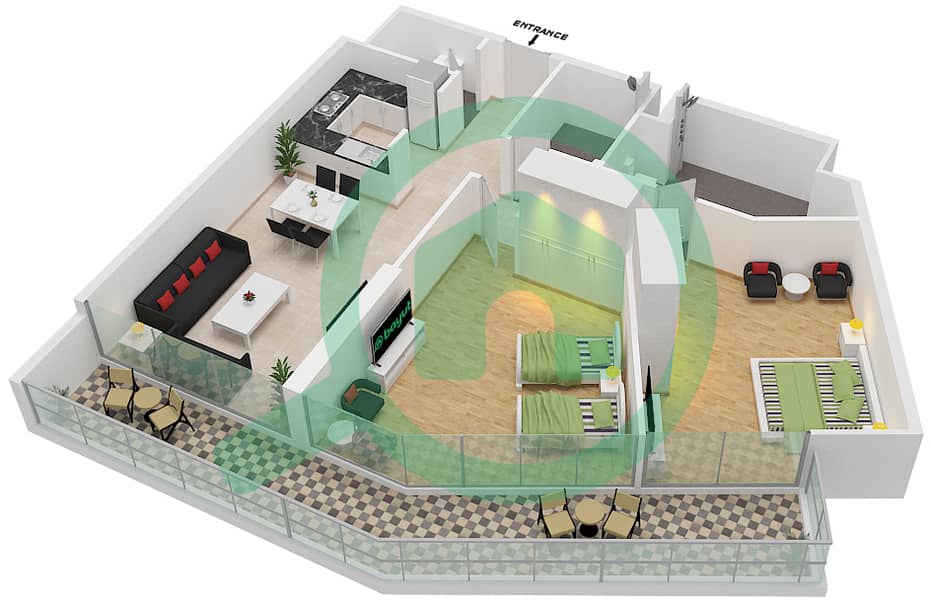 المخططات الطابقية لتصميم النموذج L شقة 3 غرف نوم - أرتيسيا B interactive3D