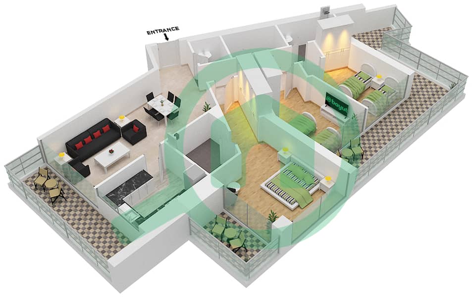 المخططات الطابقية لتصميم النموذج M شقة 3 غرف نوم - أرتيسيا B interactive3D