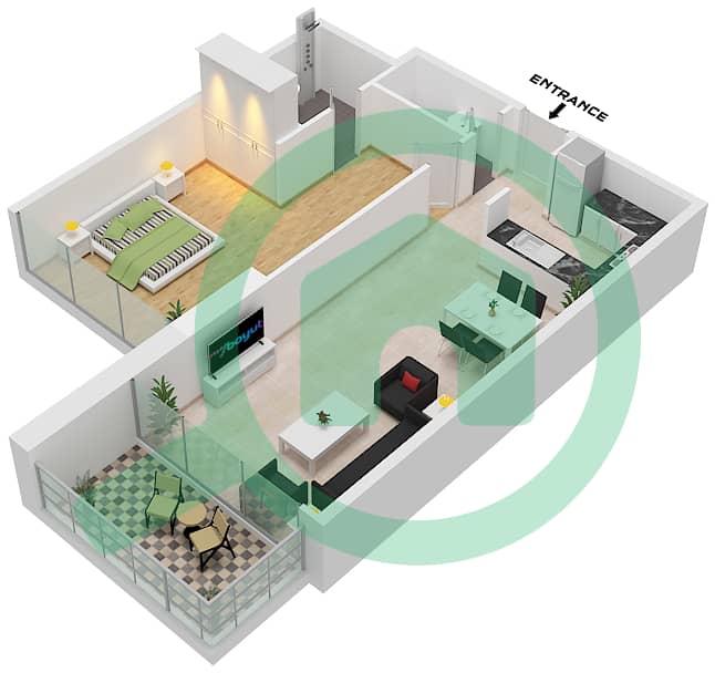 المخططات الطابقية لتصميم النموذج K1 شقة 1 غرفة نوم - أرتيسيا B interactive3D