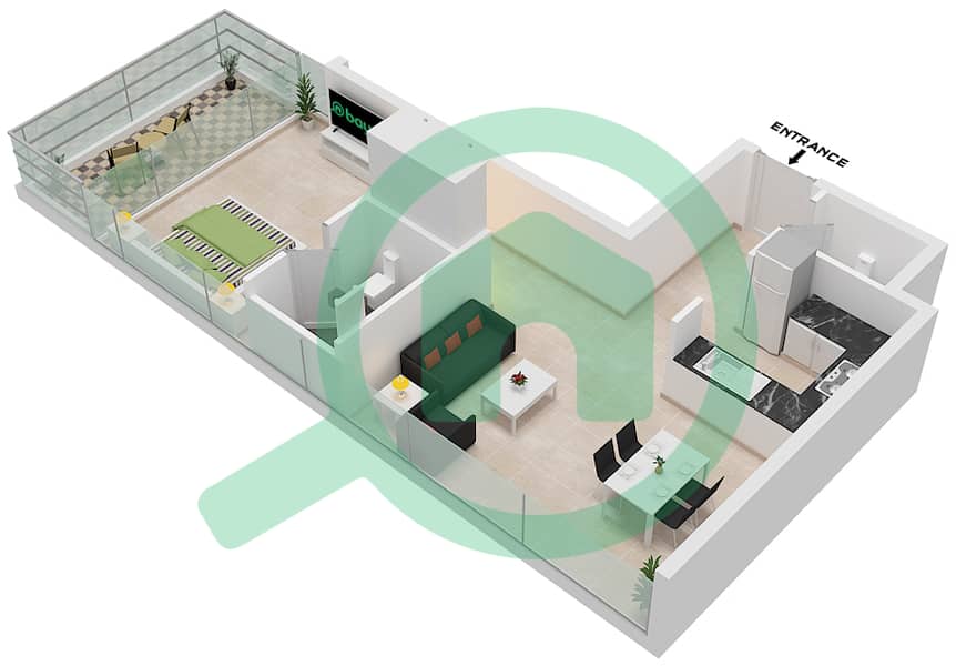 المخططات الطابقية لتصميم النموذج G2 شقة 1 غرفة نوم - أرتيسيا B interactive3D