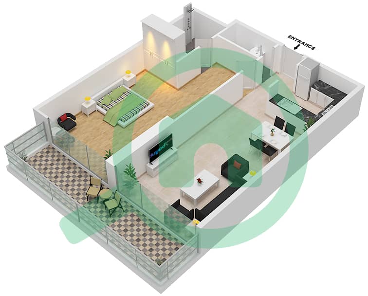 المخططات الطابقية لتصميم النموذج J شقة 1 غرفة نوم - أرتيسيا B interactive3D