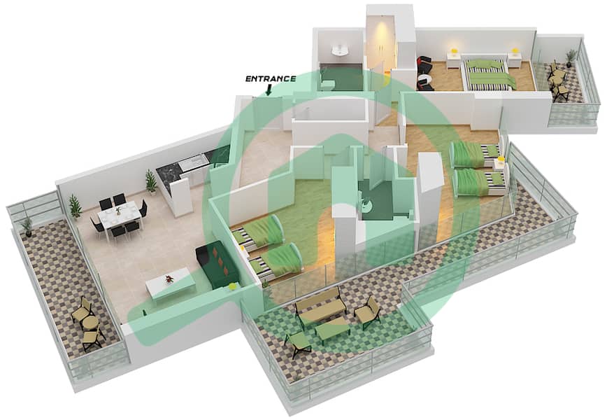 المخططات الطابقية لتصميم النموذج M 1 شقة 3 غرف نوم - أرتيسيا B interactive3D