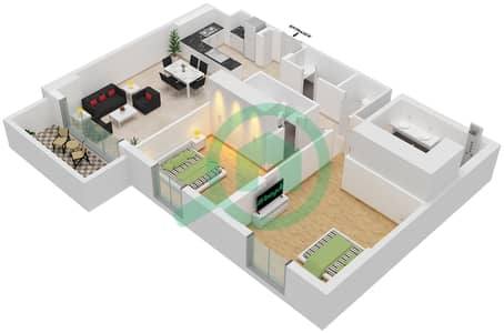 المخططات الطابقية لتصميم النموذج / الوحدة 1/201,301 شقة 2 غرفة نوم - لا فوال