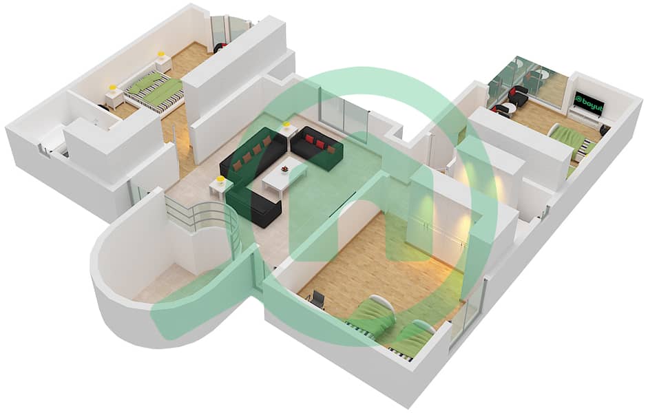 المخططات الطابقية لتصميم النموذج A شقة 3 غرف نوم - برج الحكمة First Floor interactive3D