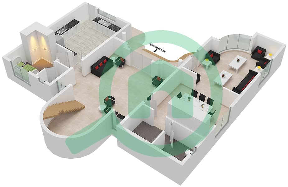 المخططات الطابقية لتصميم النموذج A شقة 3 غرف نوم - برج الحكمة Ground Floor interactive3D