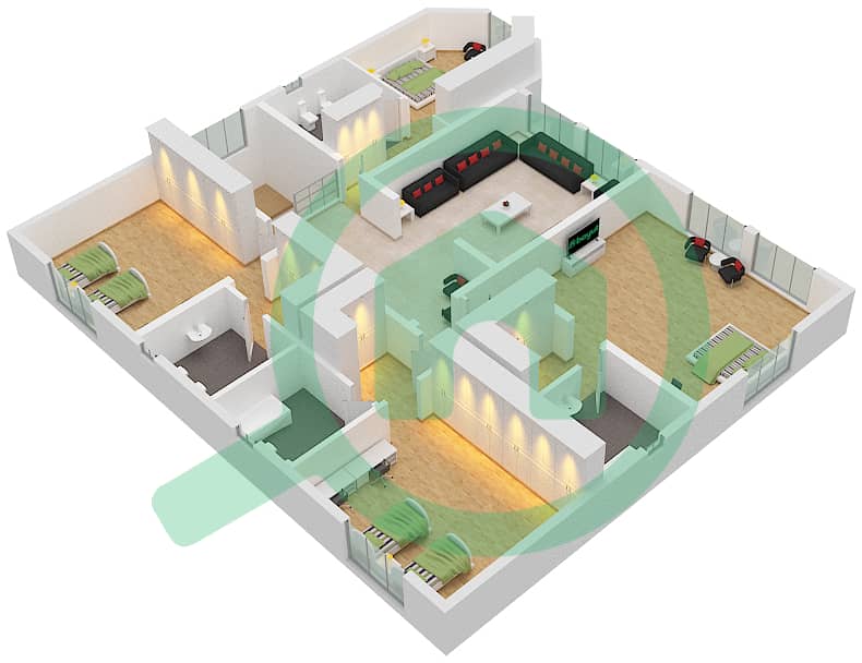 المخططات الطابقية لتصميم النموذج B شقة 5 غرف نوم - برج الحكمة First Floor interactive3D