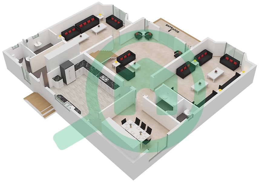 المخططات الطابقية لتصميم النموذج C شقة 3 غرف نوم - برج الحكمة Ground Floor interactive3D