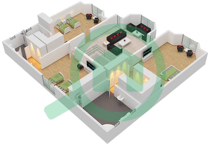 المخططات الطابقية لتصميم النموذج C شقة 3 غرف نوم - برج الحكمة First Floor interactive3D