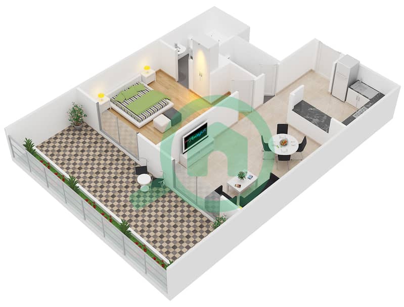 植物园住宅楼 - 1 卧室公寓类型4戶型图 interactive3D