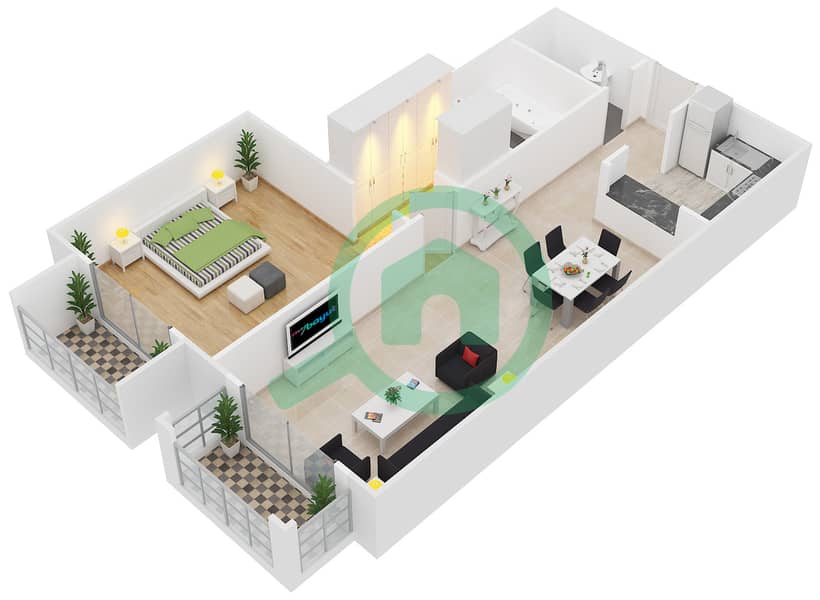 植物园住宅楼 - 1 卧室公寓类型5戶型图 interactive3D