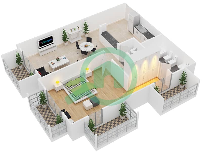 المخططات الطابقية لتصميم النموذج 6 شقة 1 غرفة نوم - بوتانيكا interactive3D