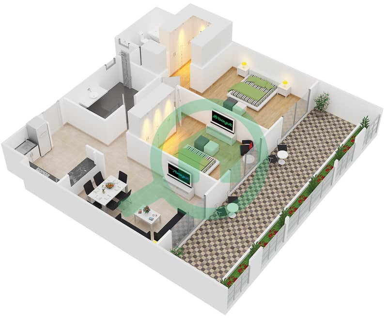 植物园住宅楼 - 2 卧室公寓类型2戶型图 interactive3D