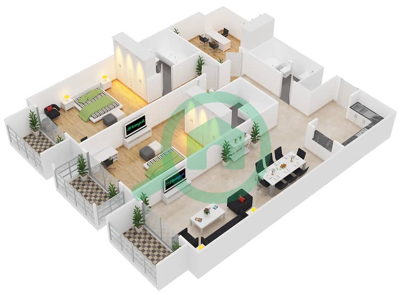 植物园住宅楼 - 2 卧室公寓类型3戶型图 interactive3D