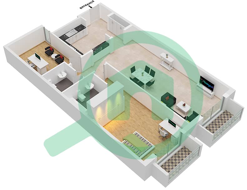 المخططات الطابقية لتصميم النموذج 2 شقة 1 غرفة نوم - بوتانيكا interactive3D