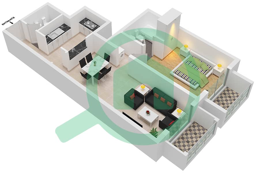 植物园住宅楼 - 1 卧室公寓类型3戶型图 interactive3D