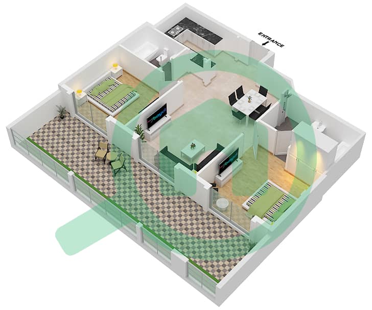 植物园住宅楼 - 2 卧室公寓类型4戶型图 interactive3D