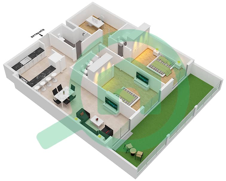 植物园住宅楼 - 2 卧室公寓类型5戶型图 interactive3D