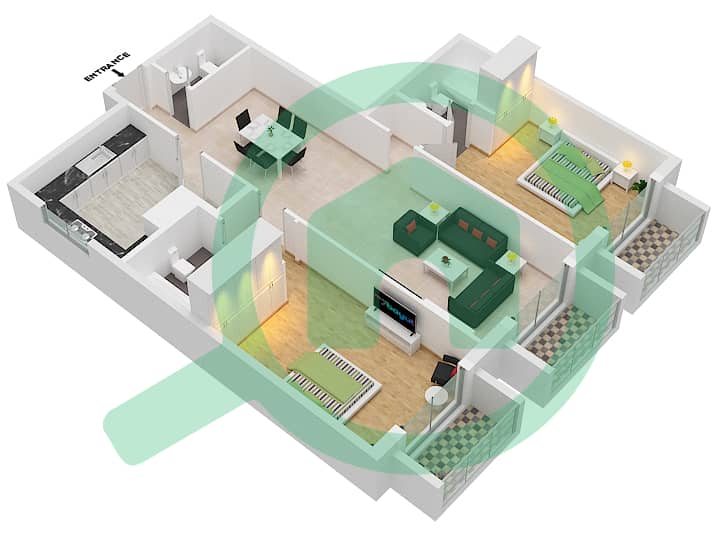 植物园住宅楼 - 2 卧室公寓类型7戶型图 interactive3D