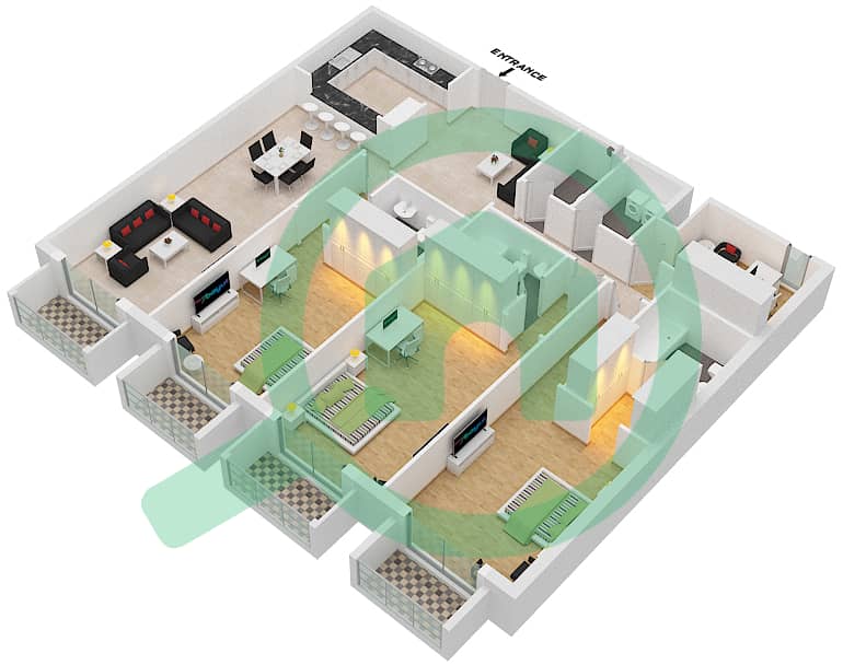 المخططات الطابقية لتصميم النموذج 8 شقة 3 غرف نوم - بوتانيكا interactive3D