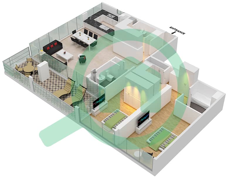Резиденция Ротана (Каян Кантара) - Апартамент 1 Спальня планировка Тип A interactive3D