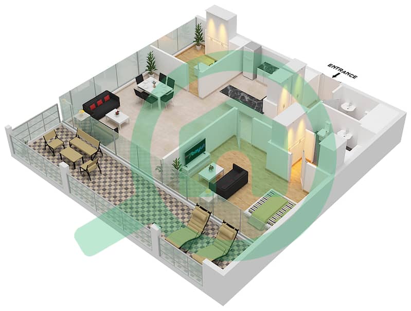 Резиденция Ротана (Каян Кантара) - Апартамент 1 Спальня планировка Тип B interactive3D
