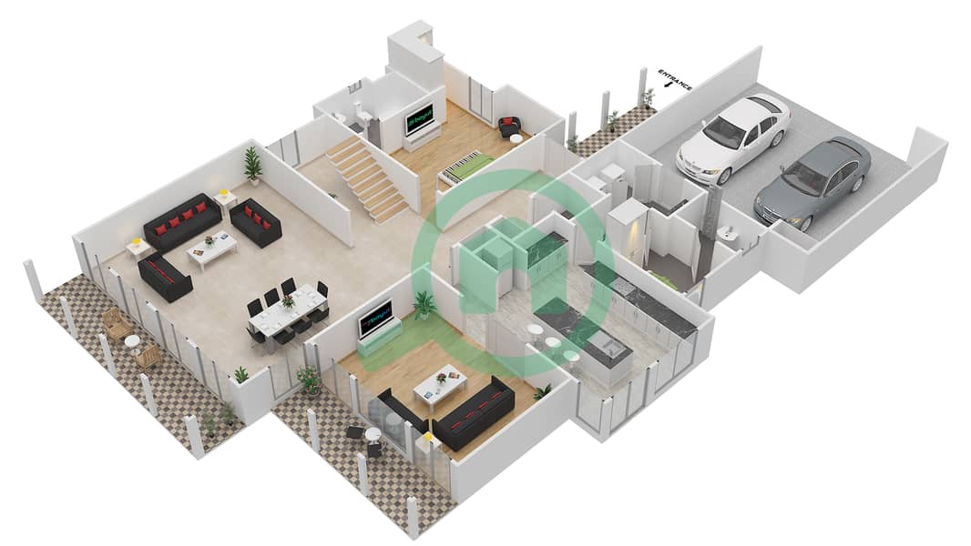 المخططات الطابقية لتصميم النموذج 3 فیلا 5 غرف نوم - صهيل 1 Ground Floor interactive3D