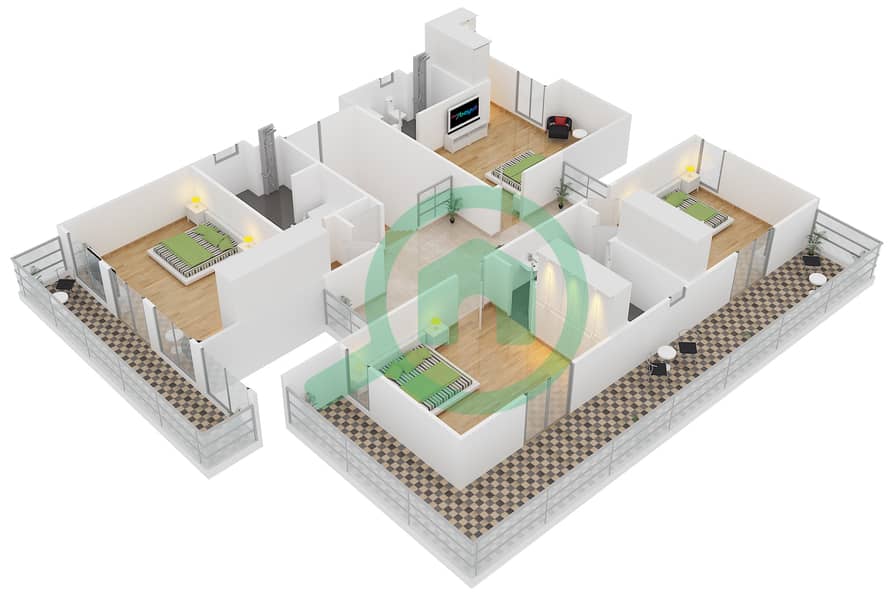 المخططات الطابقية لتصميم النموذج 3 فیلا 5 غرف نوم - صهيل 1 First Floor interactive3D